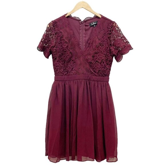 Lulus Angel in Disguise Burgundy Lace Short Skater Dress Women’s Size Medium - Picture 2 of 13